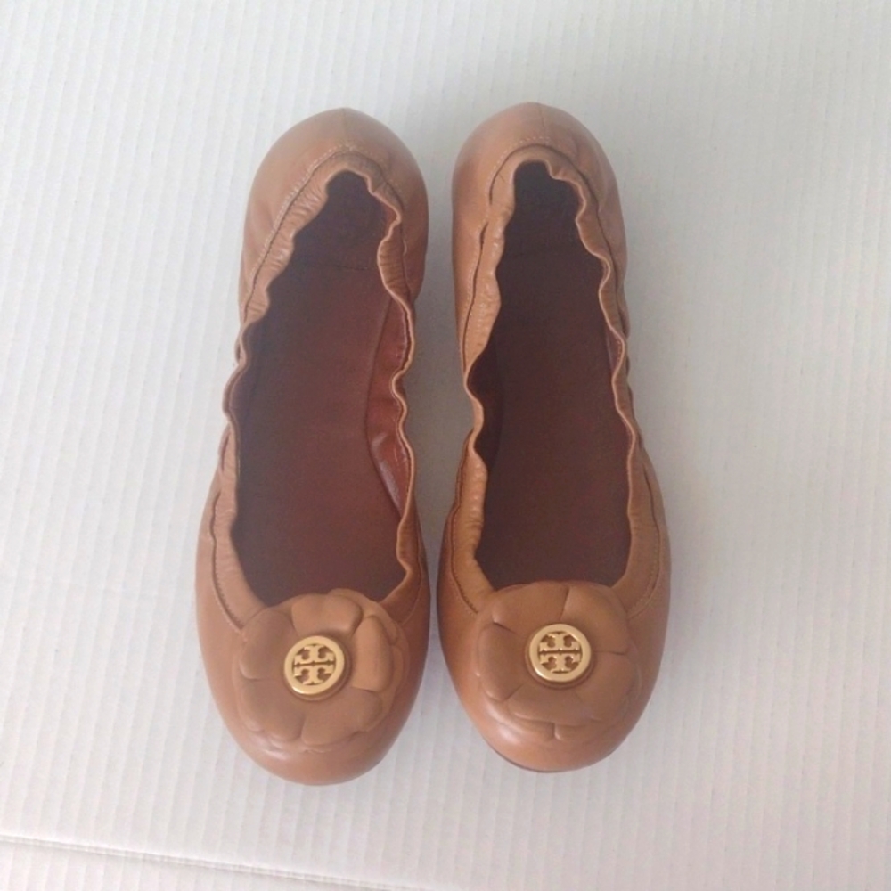 Tory Burch Tan Leather Flower Flats